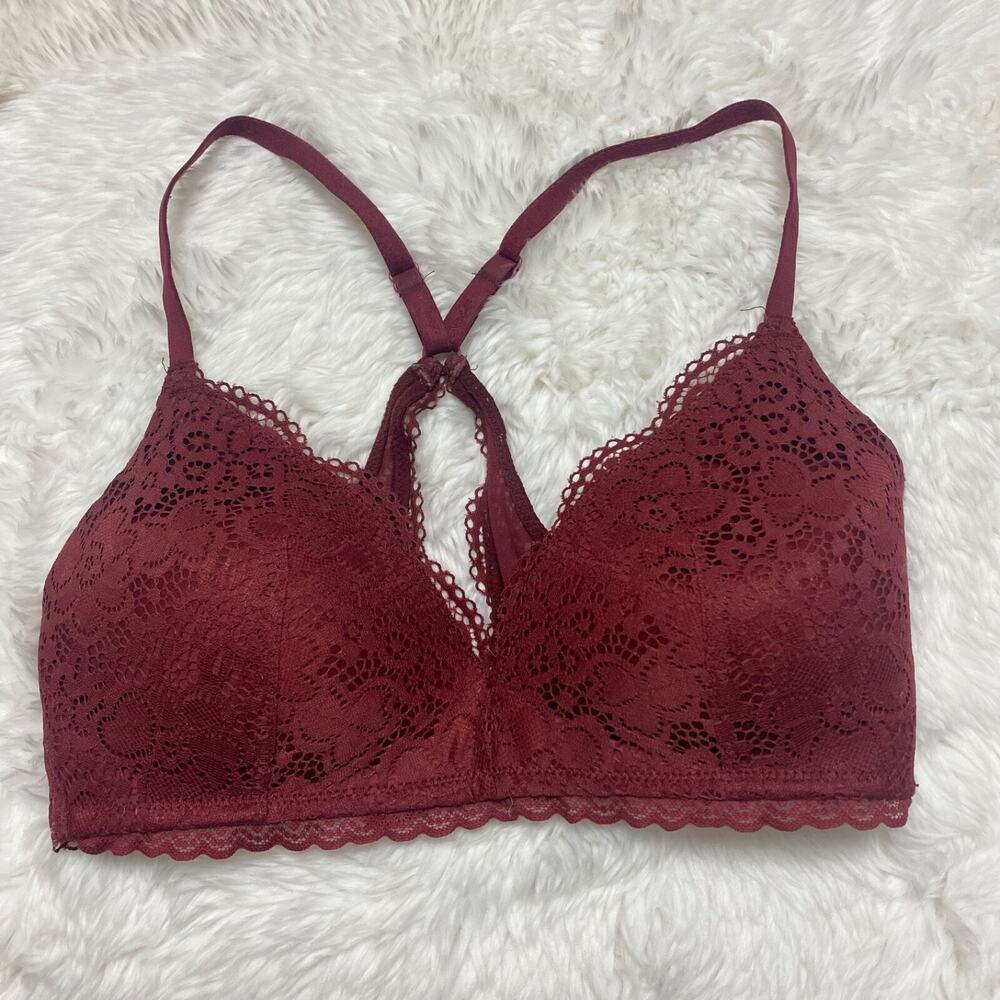 Aerie Women's Maroon Sz 32D Wireless Lace Light Pad Bralette Hook Closure, 2352
